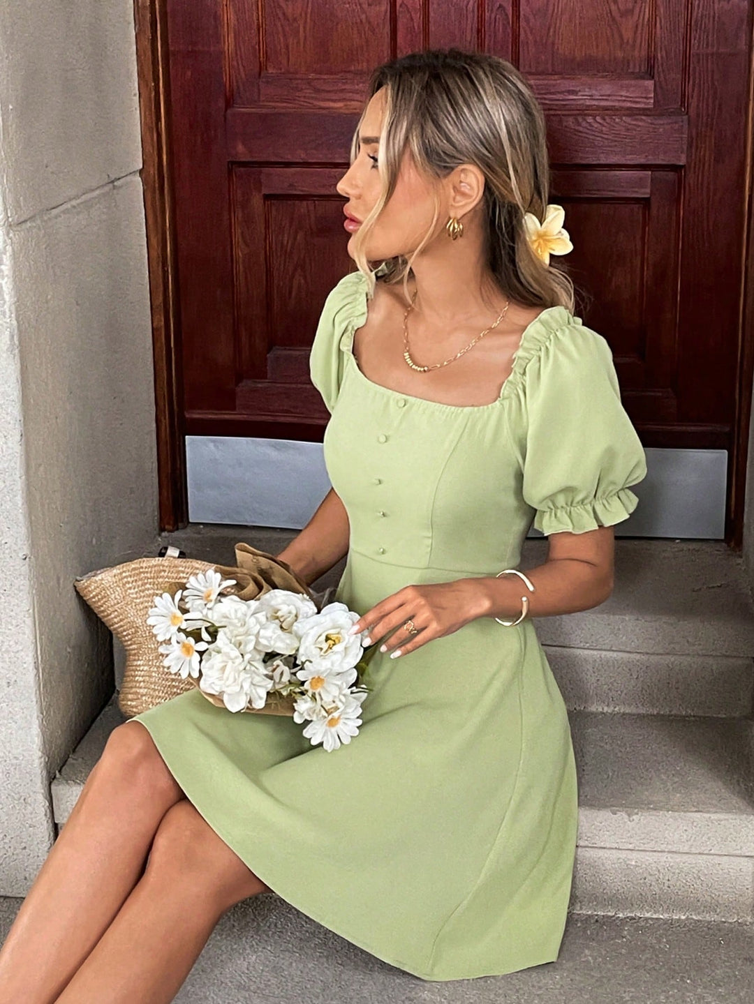 Green Puff Sleeve Fitted Dress