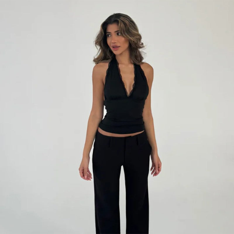 Blacck Halter Neck Low V Neck Fitted Top