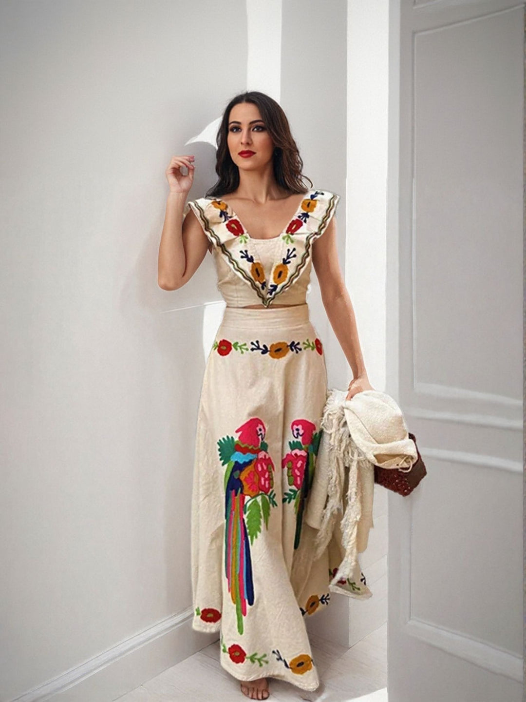 Beige Embroidered V Neck Ruffle Top And Flared Skirt Coord Set