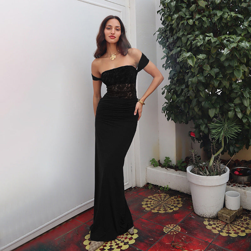 Black Fitted Lace With Gathered Dress