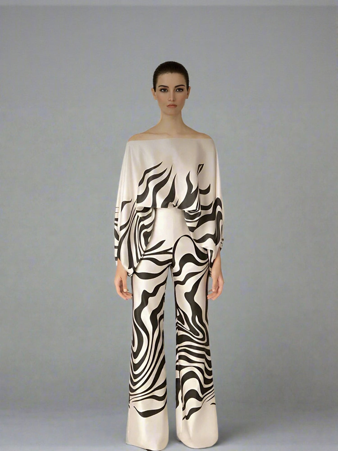 White Off Shoulder Printed Top Straight Fit Pant Co-Ord Set