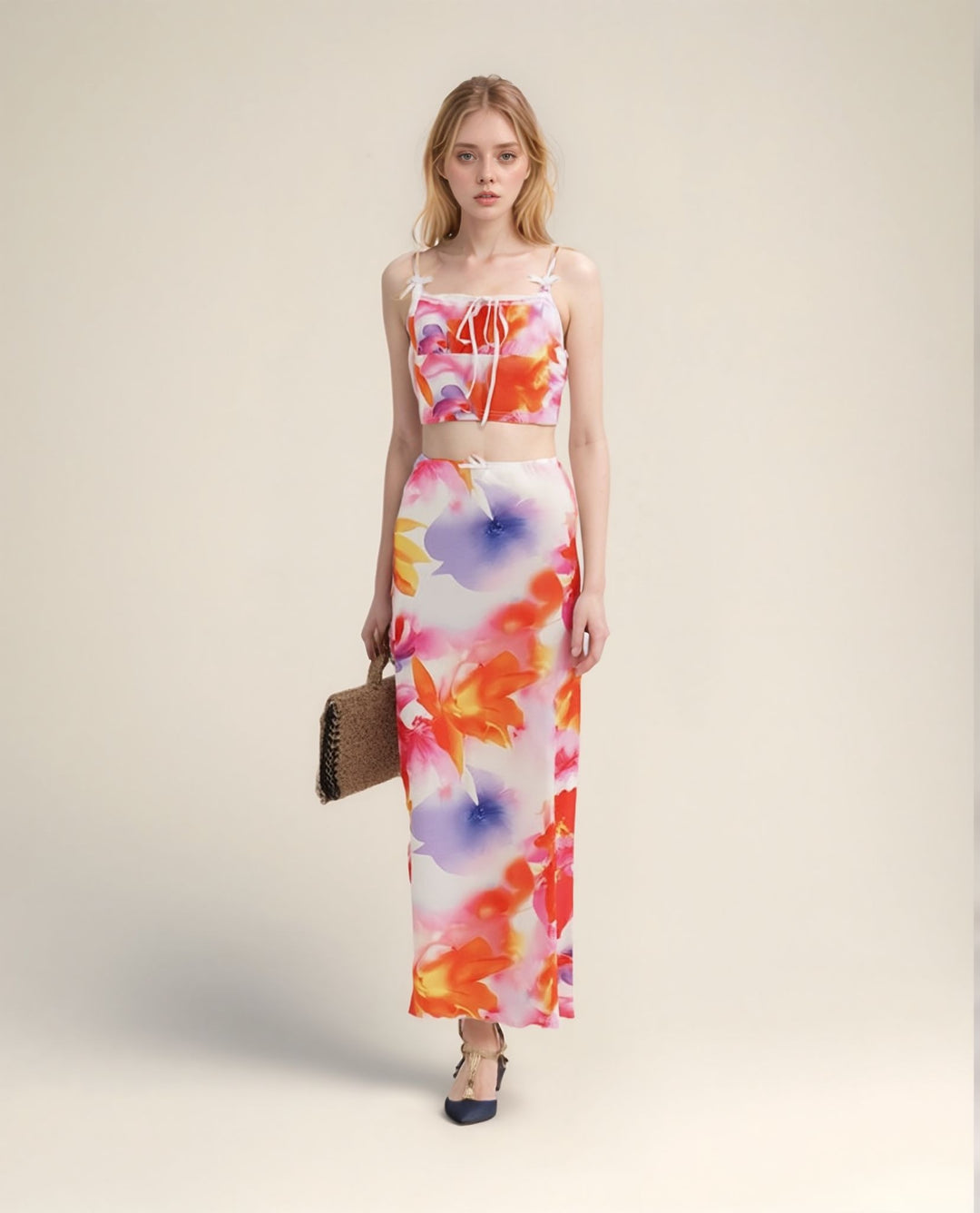White Floral Print Cami Top And Relaxed Skirt Co-Ord Set
