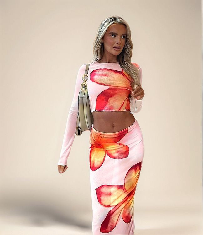Pink Placement Print Fitted Top And Skirt Coord