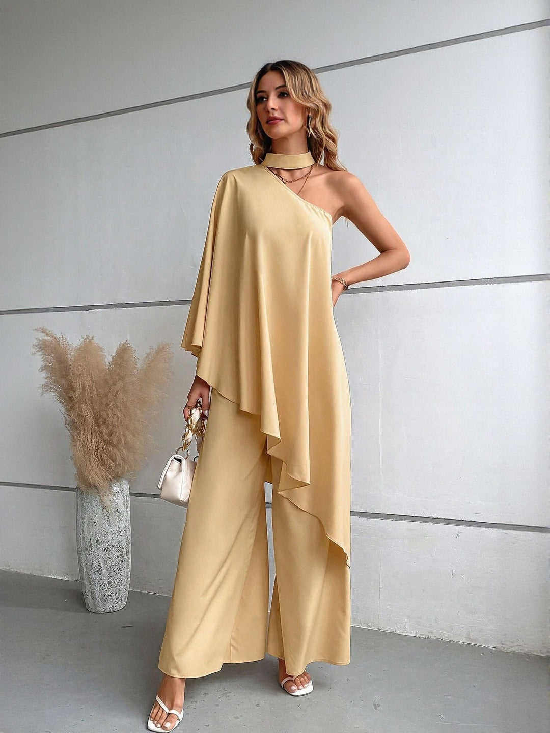 Beige One Shoulder Top with Flared Trouser Co-Ord Set