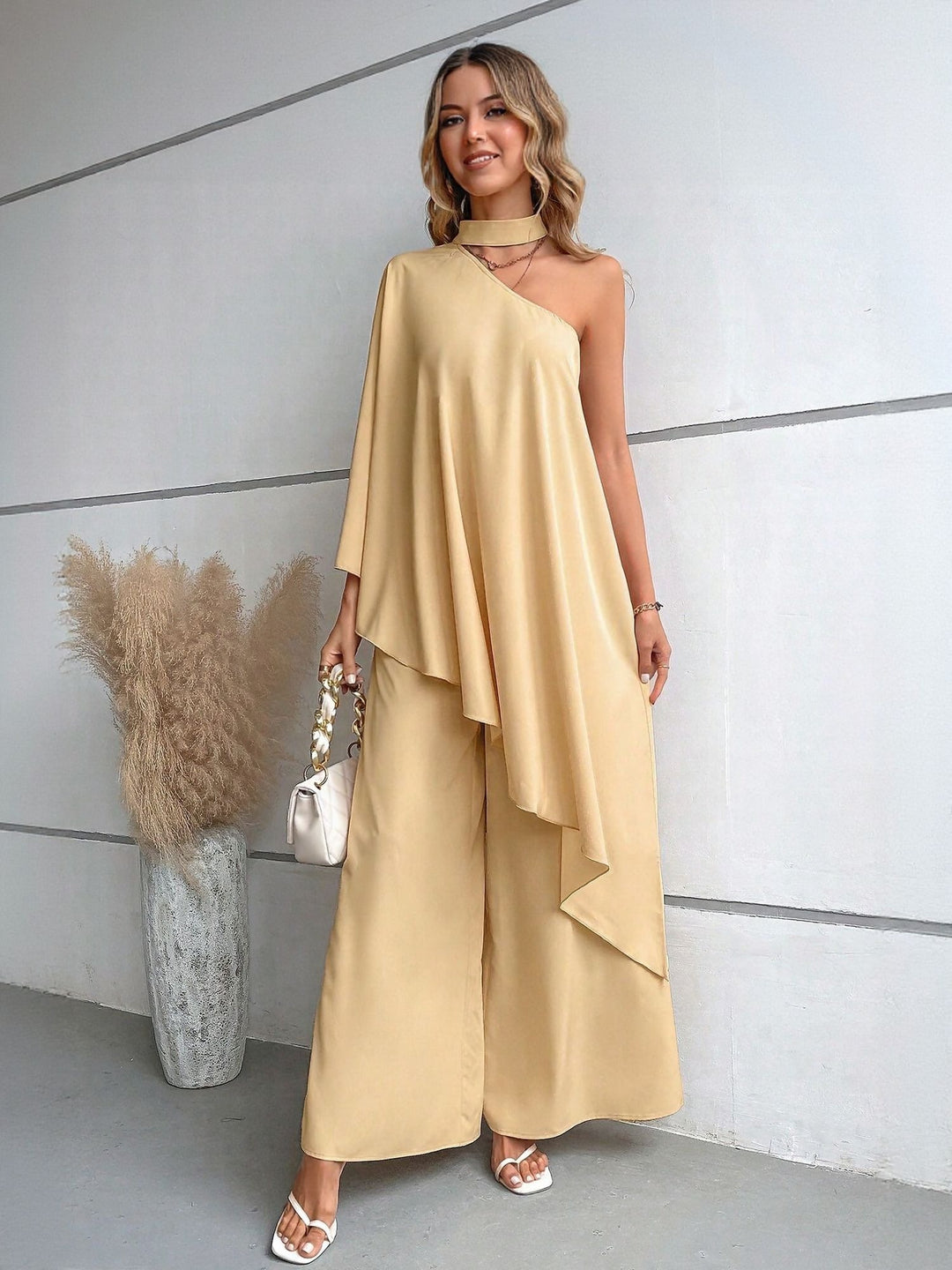Beige One Shoulder Top with Flared Trouser Co-Ord Set
