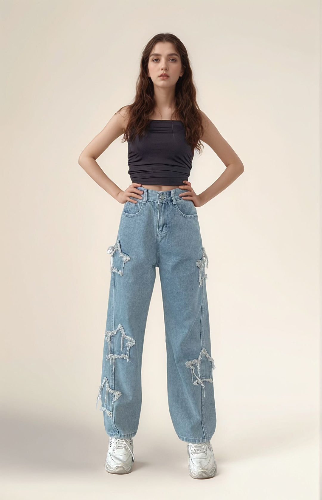 Star Frayed Blue Denim Jeans