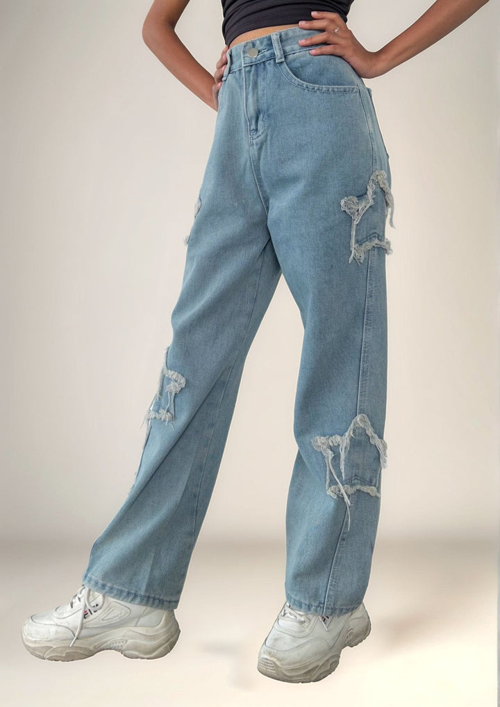 Star Frayed Blue Denim Jeans