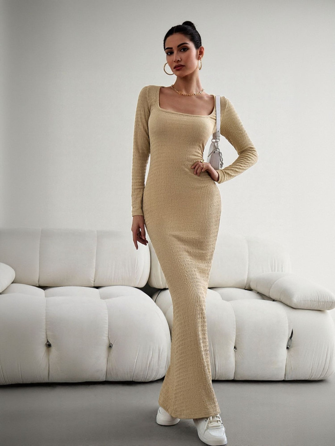 Khaki Square Neck Textured Maxi Dress