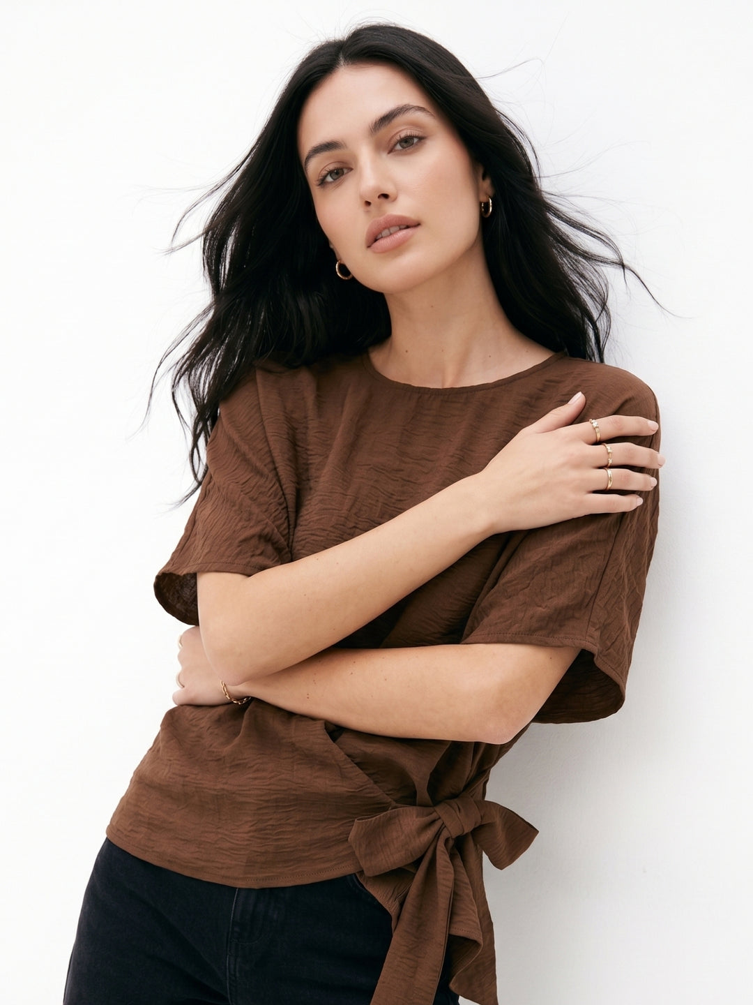Brown Waist Tie-Up Crew Neck Tops
