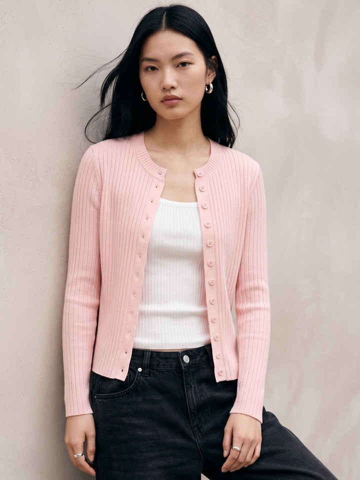 Pink Striped Textured Cardigan Styled 2Pcs Top