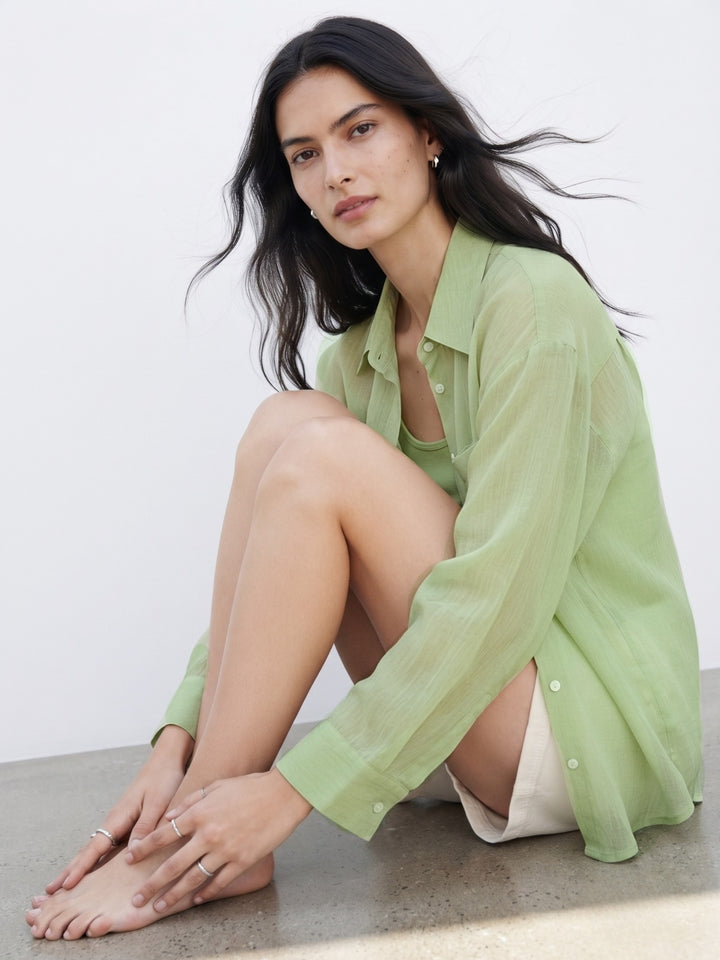Green Full Sleeve 2Piece Semi Sheer Shirt With Top