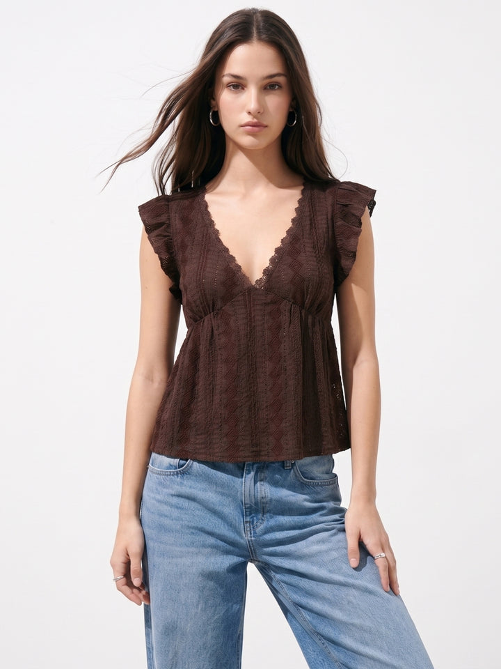 Brown Ruffle Sleeve Lace Detail Top