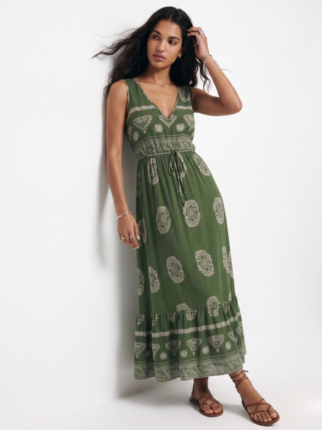 Olive Sleeveless V Neck Printed Dress