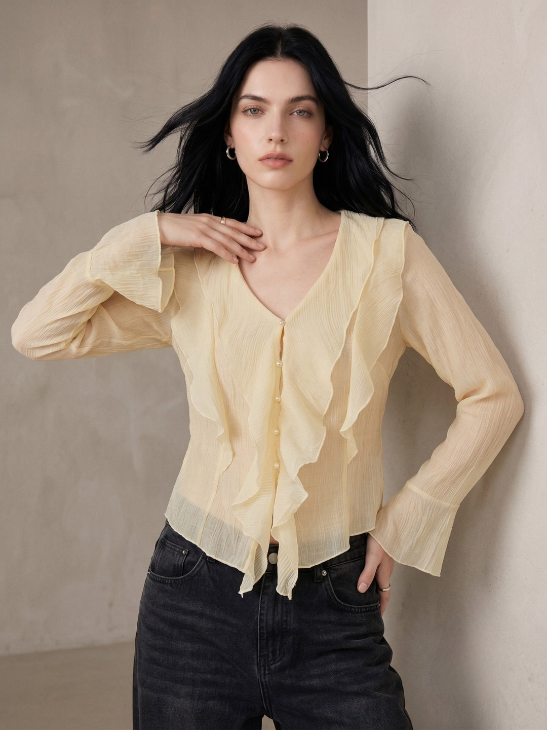 Yellow Button Down Detailed Blouse With Ruffles