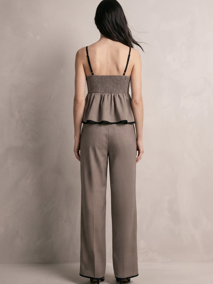 Beige Strappy Peplum Top With Trousers Co-Ord Set