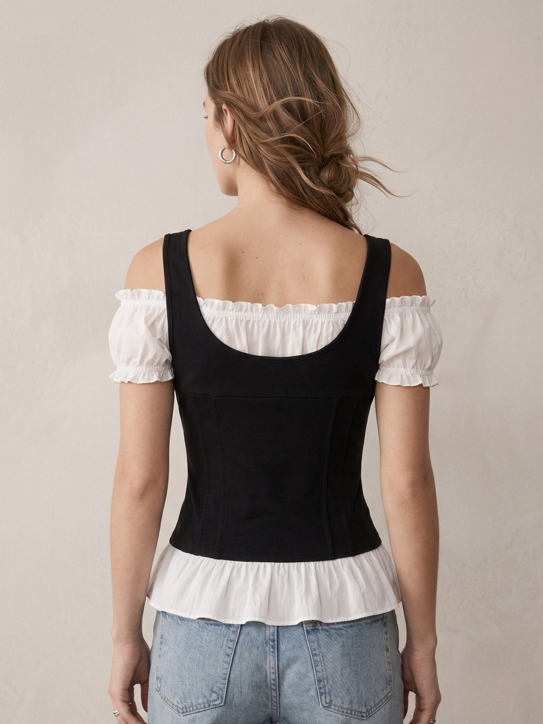 Black Y2K Scoop Neck Top With Off-Shoulder Sleeves
