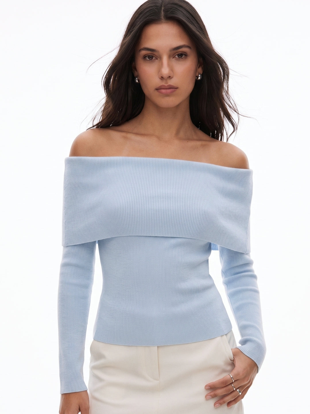 Blue Full Sleeve Off Shoulder Fitted Top