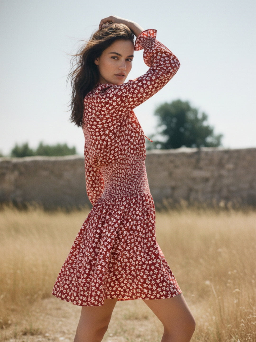 Wine Bishop Sleeve Waist Fitted Printed Dress