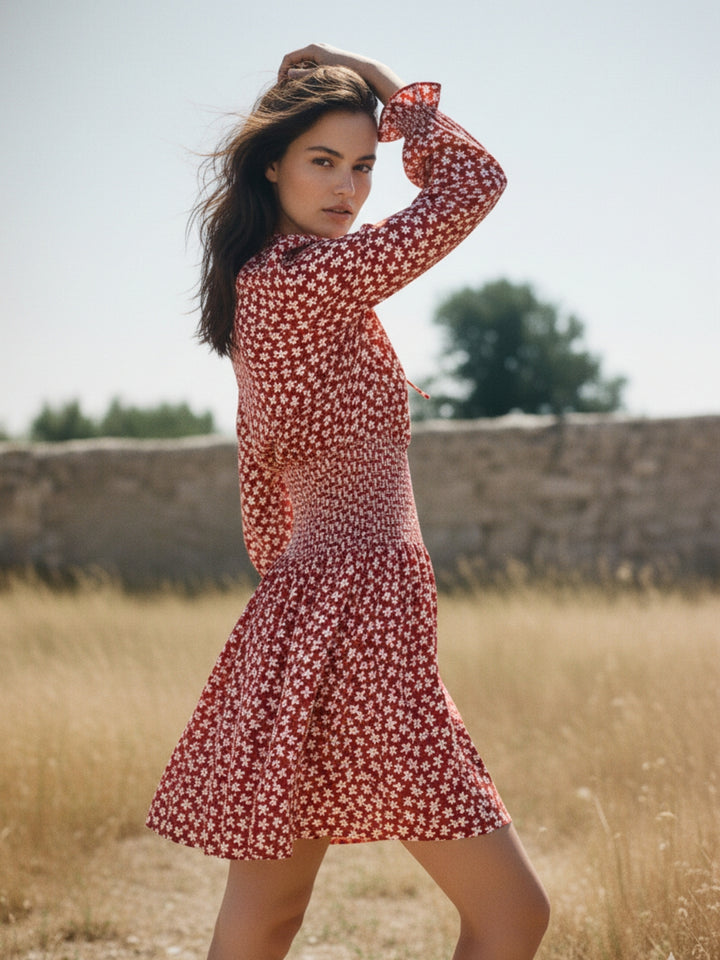 Wine Bishop Sleeve Waist Fitted Printed Dress