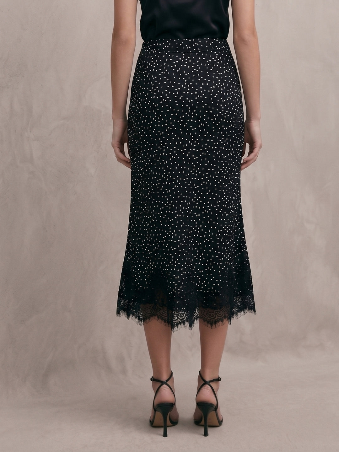 Black Midi Skirt In Polka Dot Fabric With Eyelace Lace Hem Detail