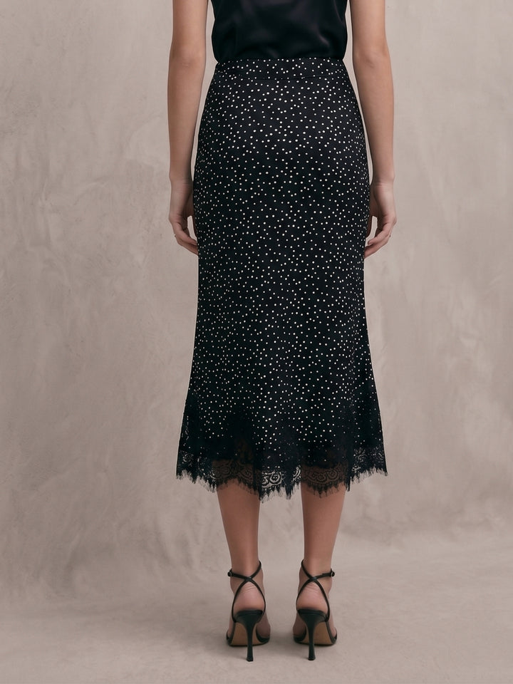 Black Midi Skirt In Polka Dot Fabric With Eyelace Lace Hem Detail