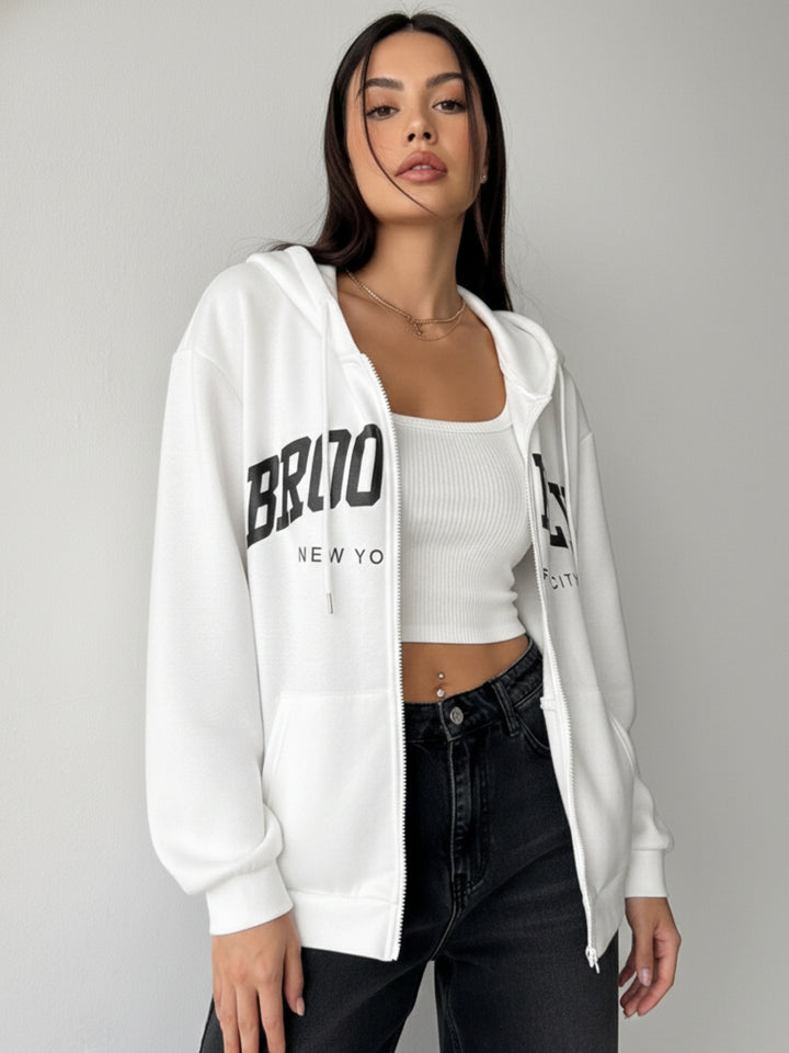 White Full sleeve front zip hooded jacket