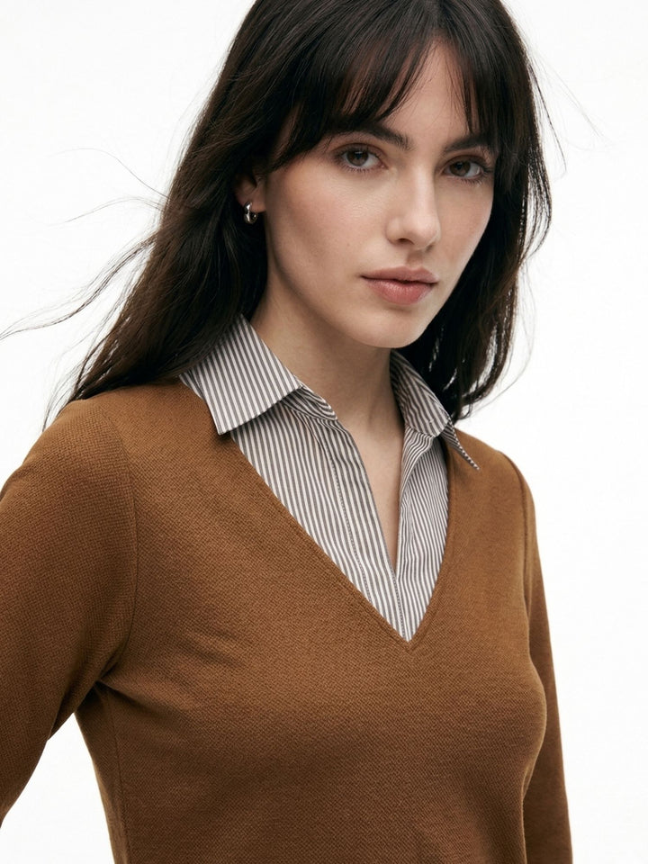Brown Full Sleeve Contrast Collar Fitted Top