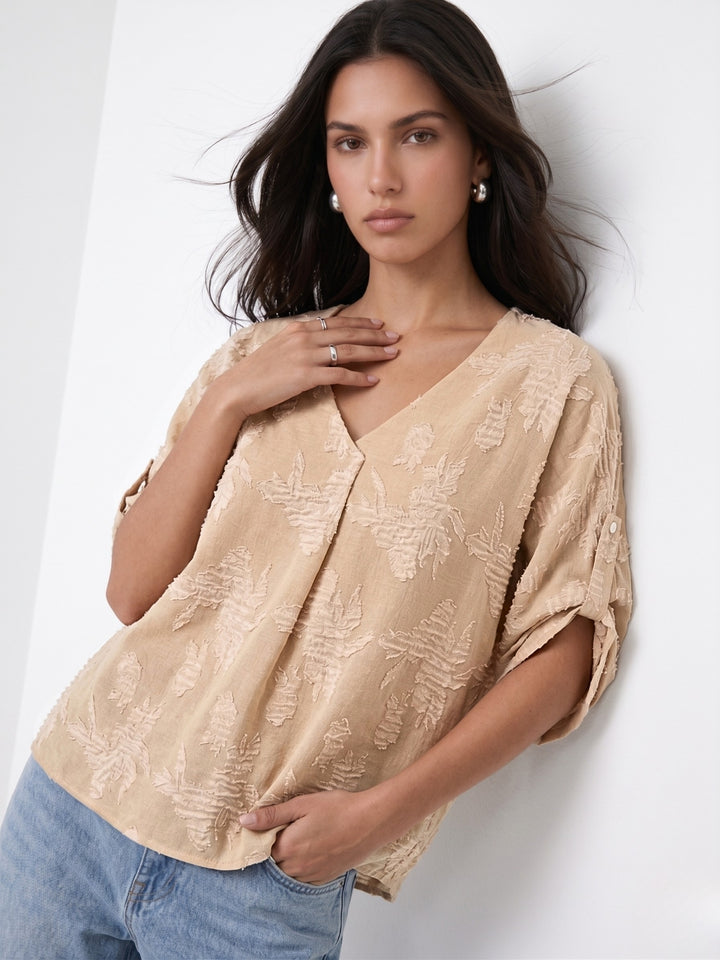 Beige V Neck Textured Top