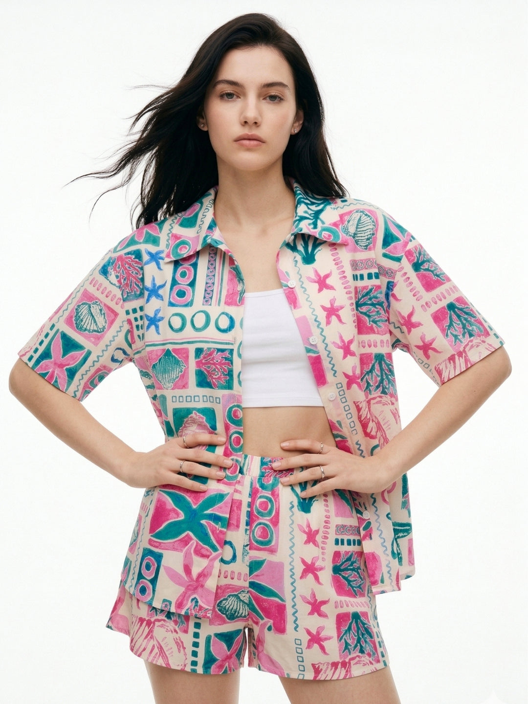 multi Printed Oversized Shirt And Shorts Co-Ord Set