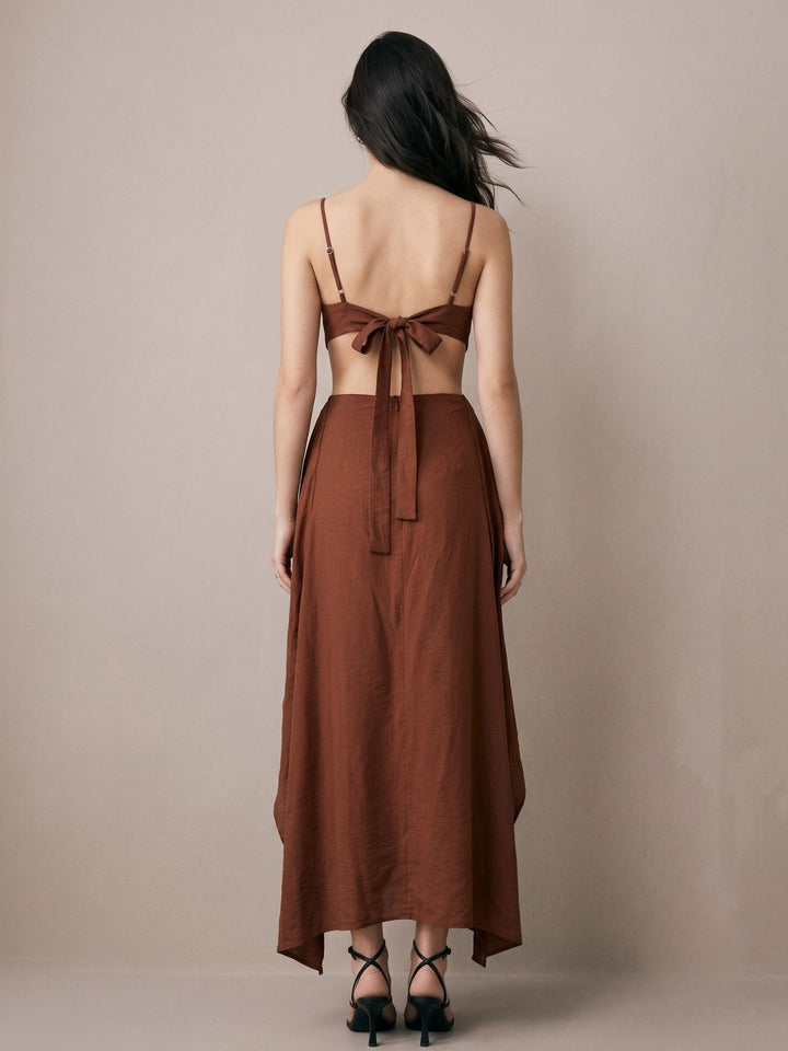 Brown Strappy Dress With Below Waist Tie Up Detail