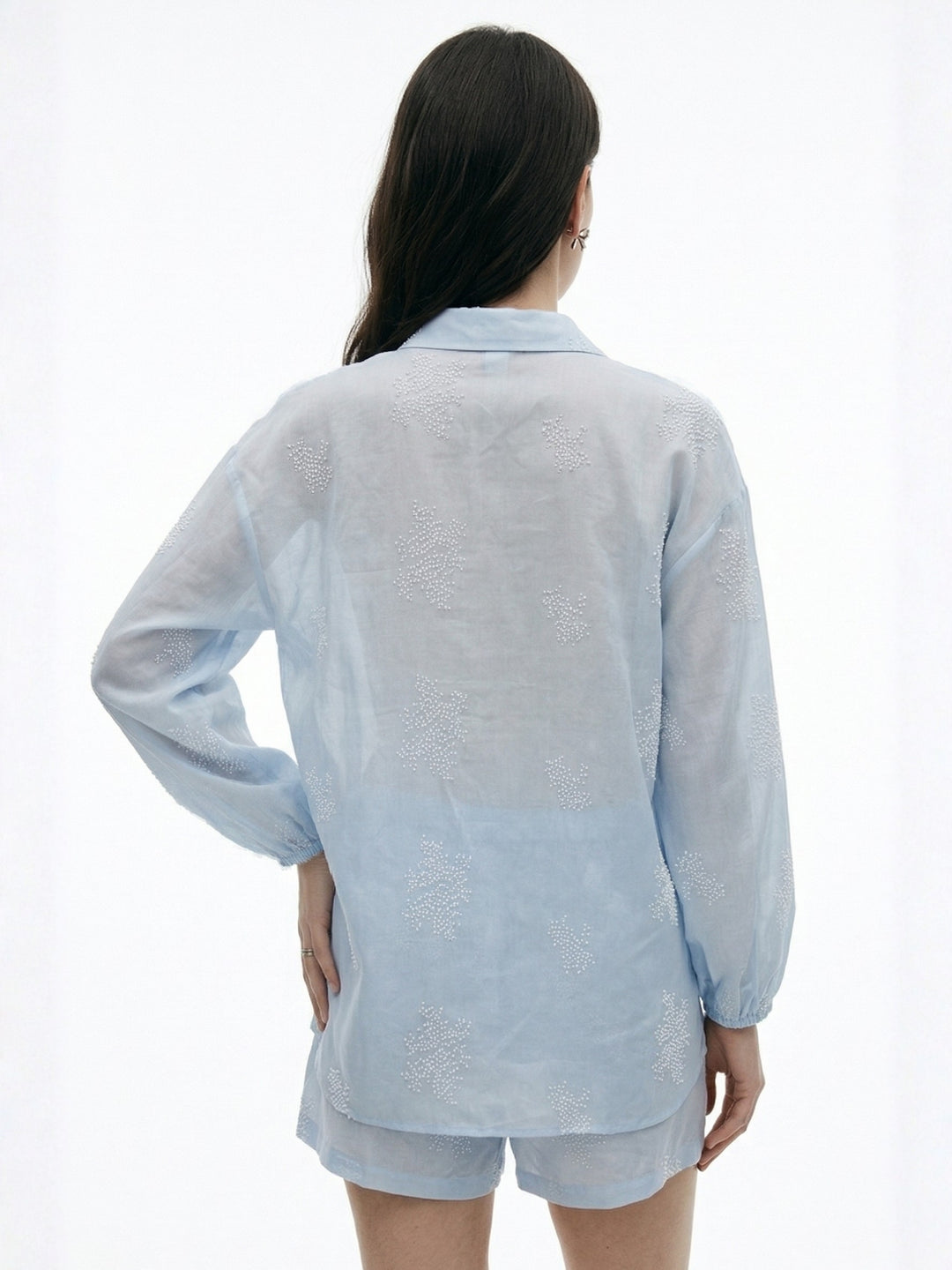 Blue Bishop Sleeve Collared Sheer Shirt And Shorts Set