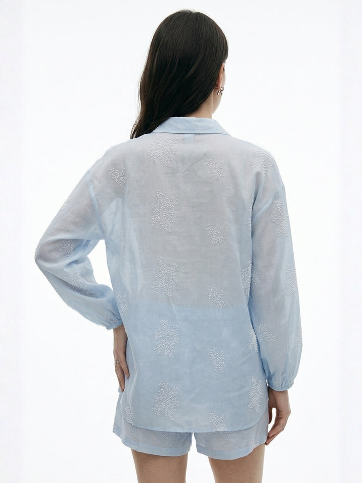 Blue Bishop Sleeve Collared Sheer Shirt And Shorts Set