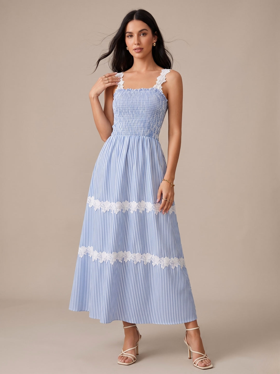 Blue Lace Detail Striped Dress