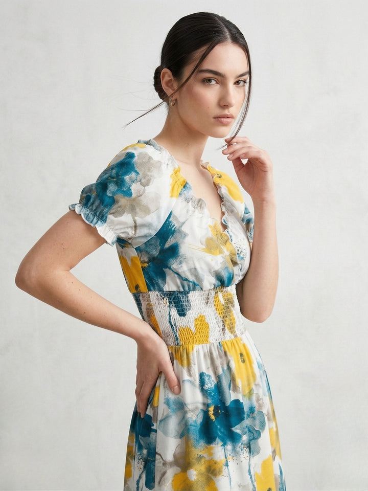 Multi Short Sleeve Waist Fitted Floral Dress