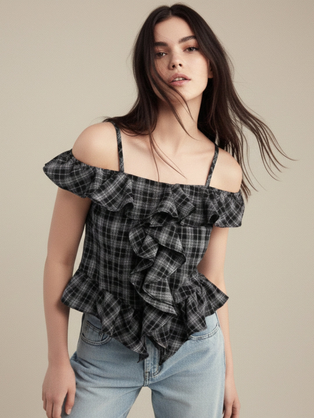 Black Off Shoulder Checkered Ruffle Detail Top