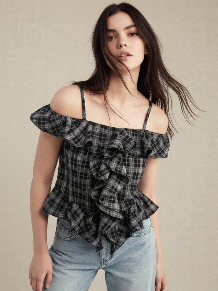 Black Off Shoulder Checkered Ruffle Detail Top