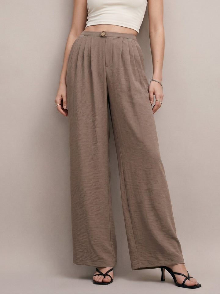 Beige High Waisted Pleated Flowy Trouser