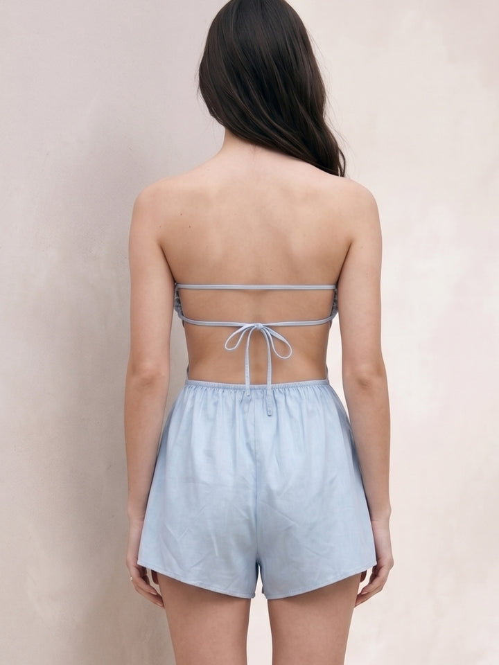 Light Blue Tube Romper With Cinched Waist