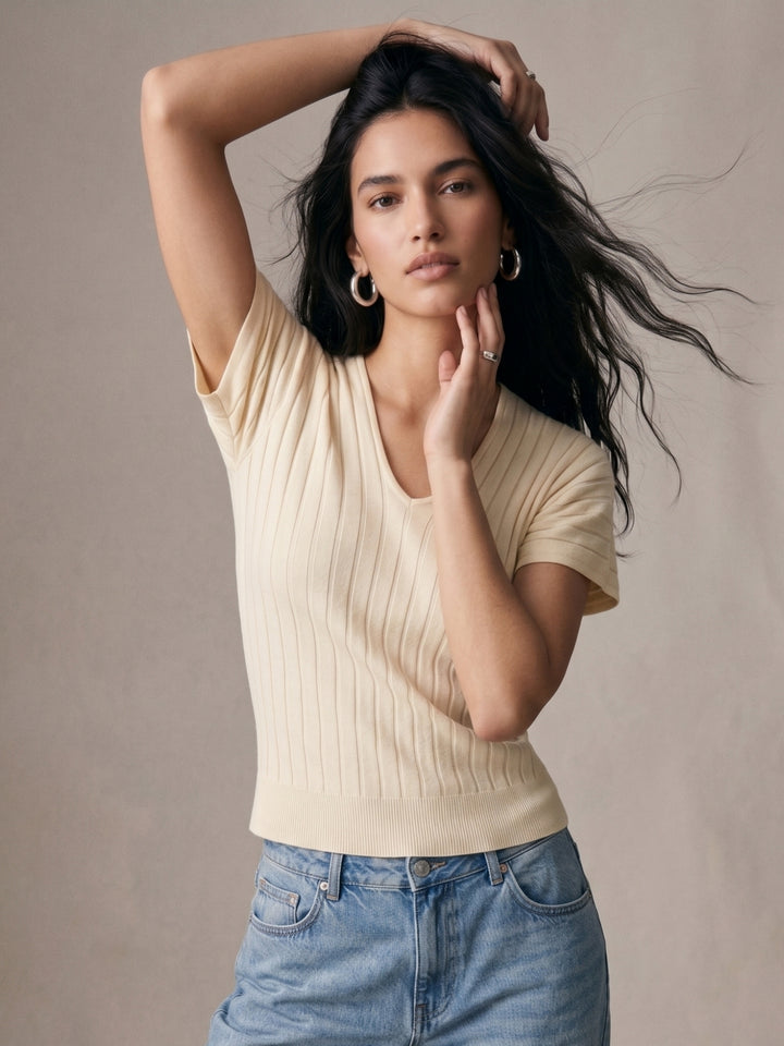 Cream V-Neck Textured Top