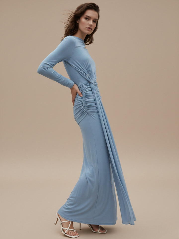 Blue Full Sleeve Waist Tie-Up Neck Detail Dress