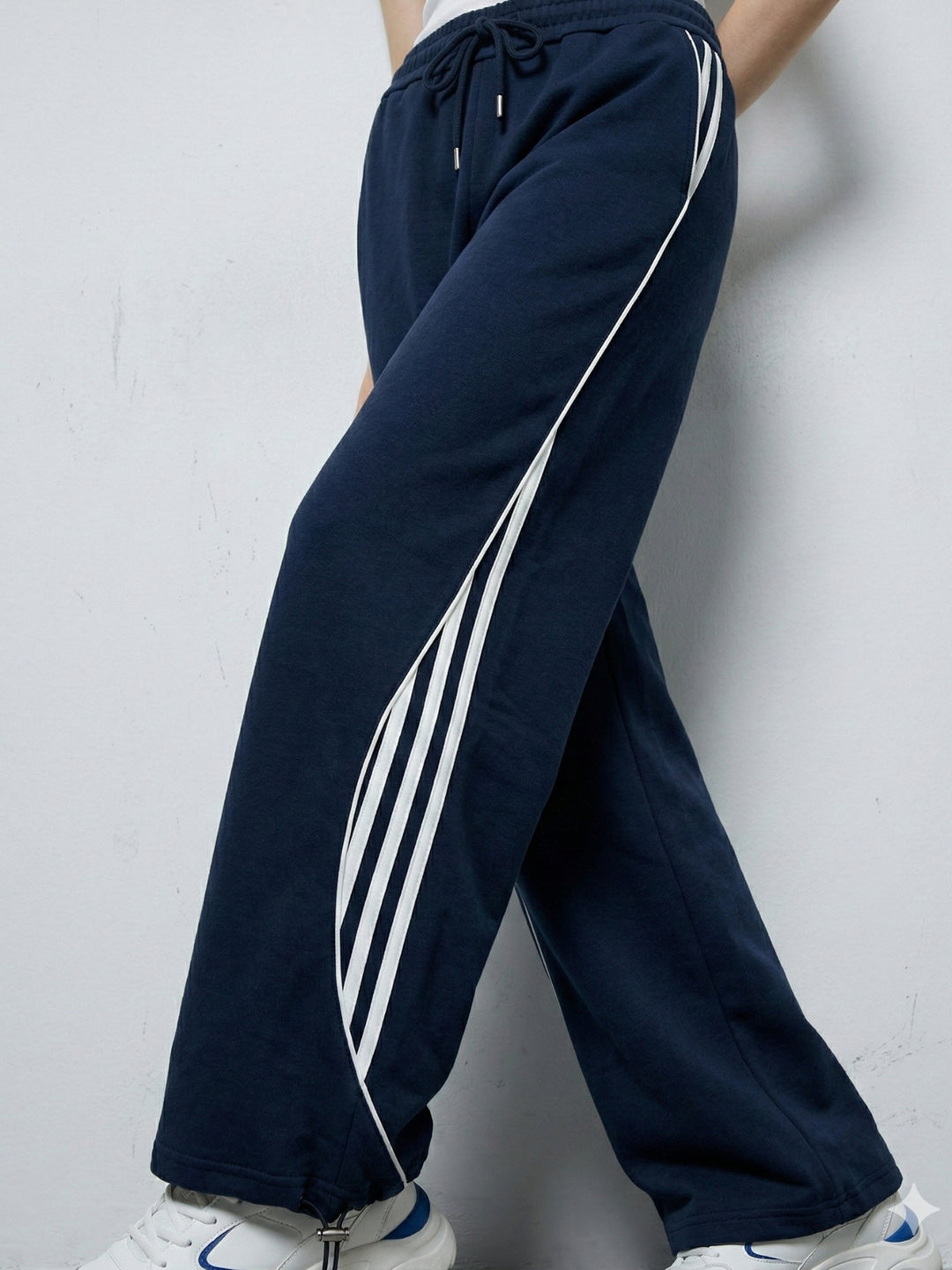 Navy Blue Side Seam Detailing Wide Leg Pant