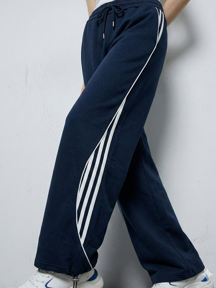Navy Blue Side Seam Detailing Wide Leg Pant