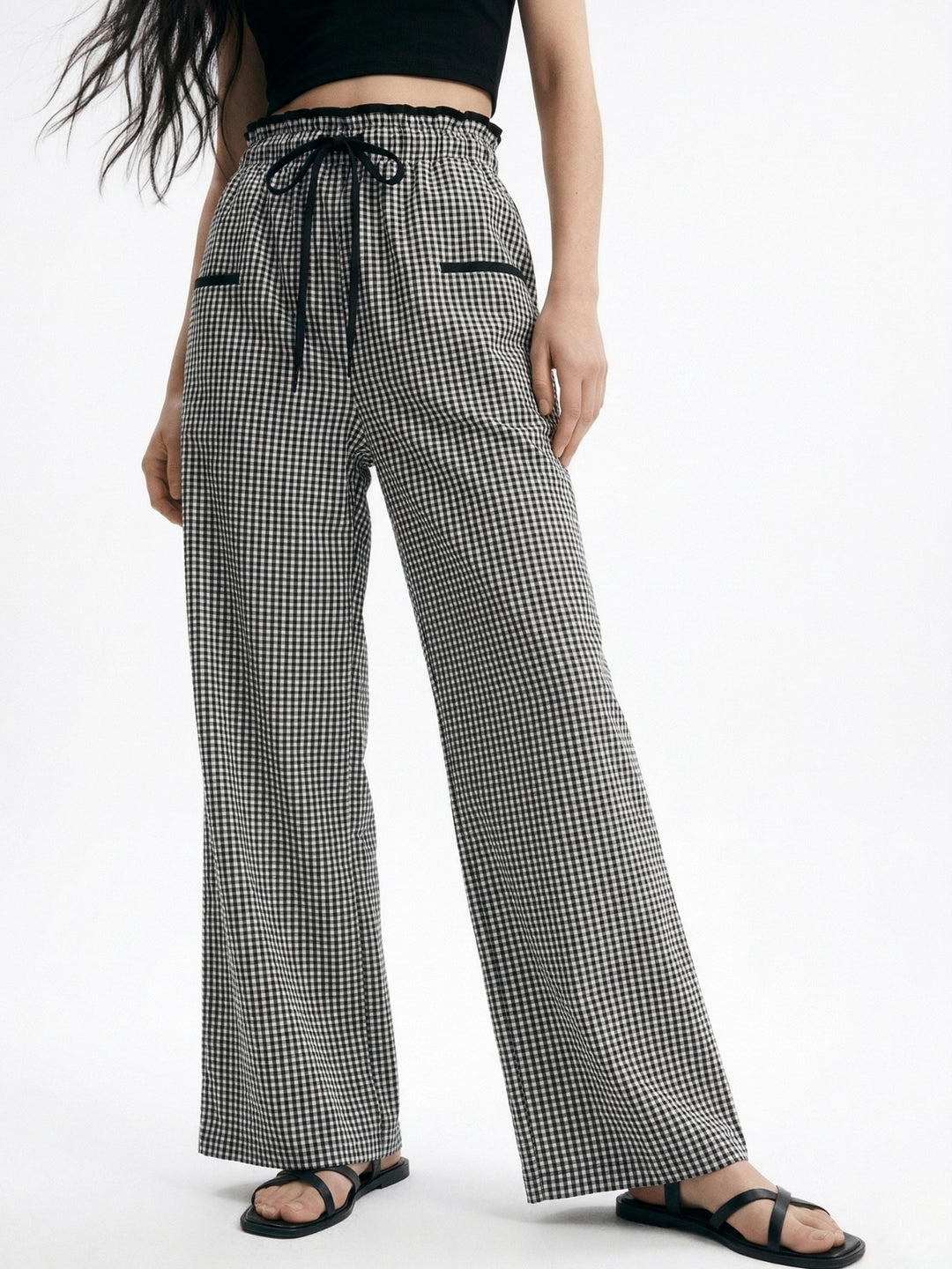 Black Contrast Waist Checkered Pant