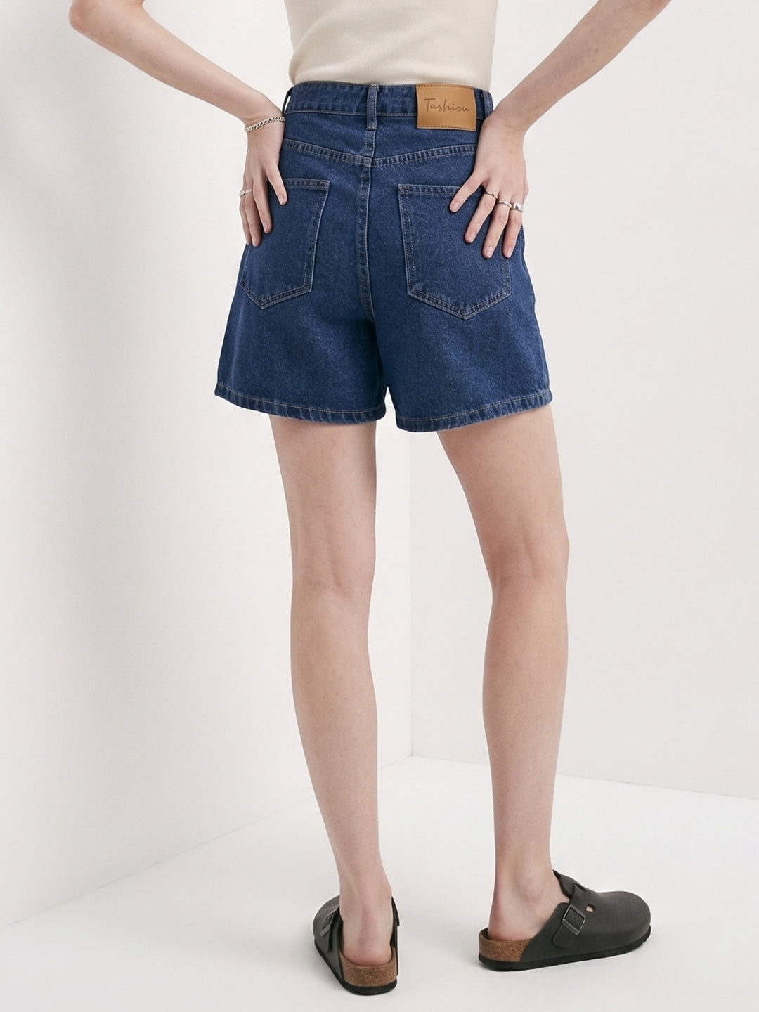 Blue High Waisted Slit Pockets Relaxed Shorts