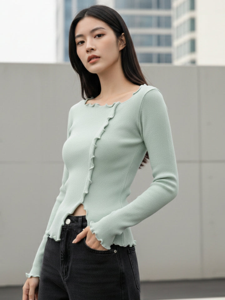 Light Blue Full Sleeve Wavy Hem Top