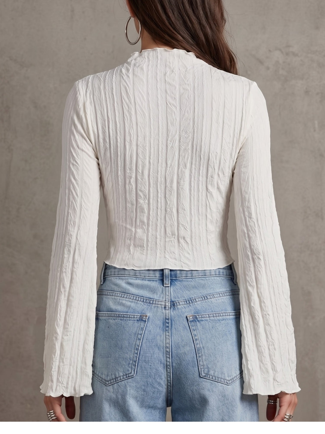 White Textured High Neck Top With Flared Sleeves