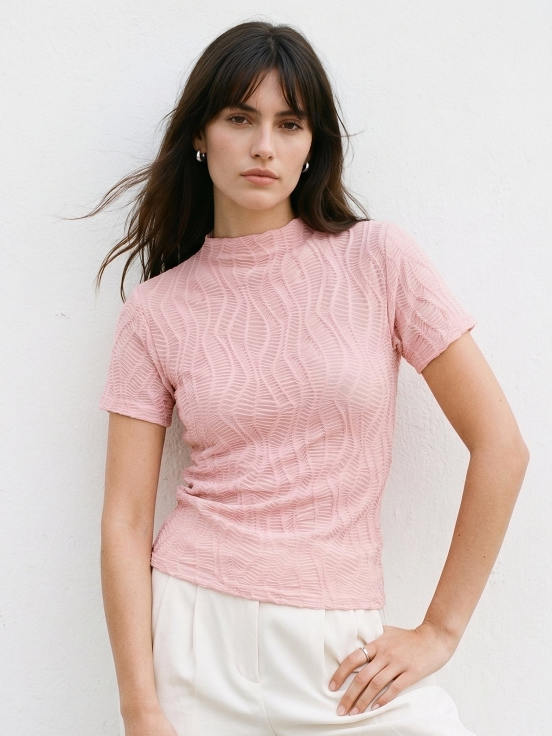 Pink Textured High Neck Fitted Top