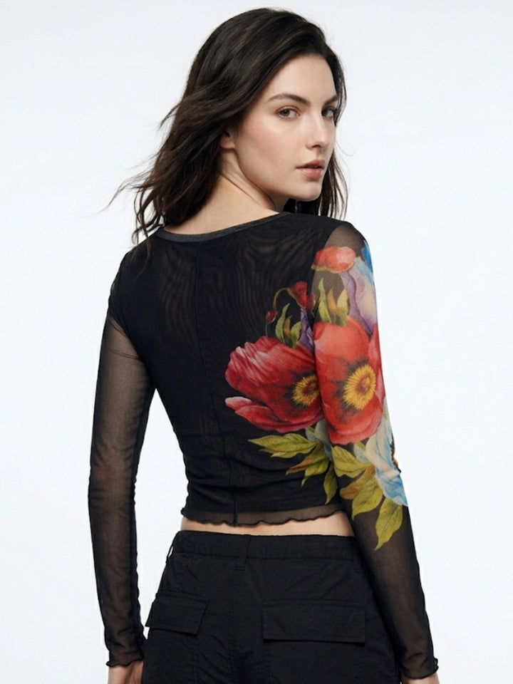 Black Full Mesh Sleeve Printed Top