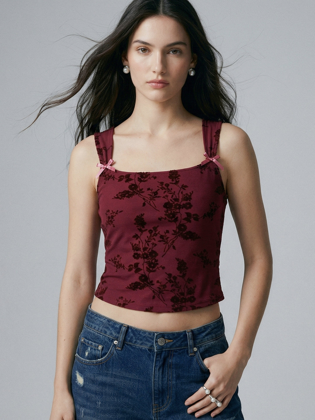 Burgundy Textured Camisole With Bow Details On The Straps