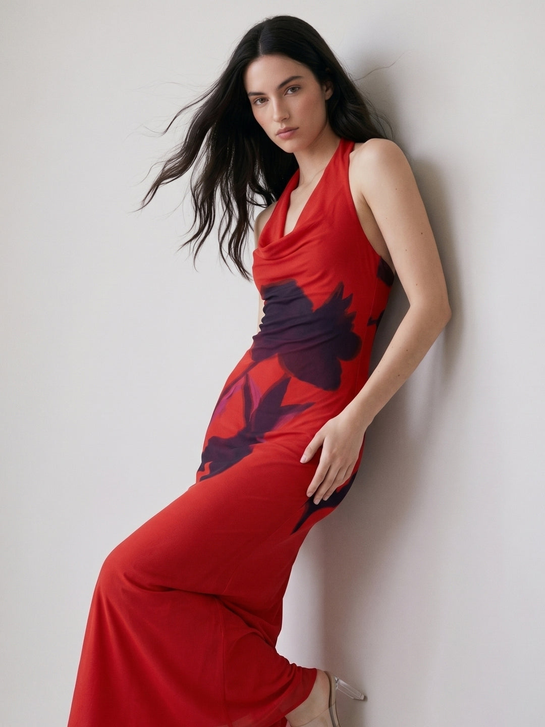 Red Halter Cowl Neck Printed Dress
